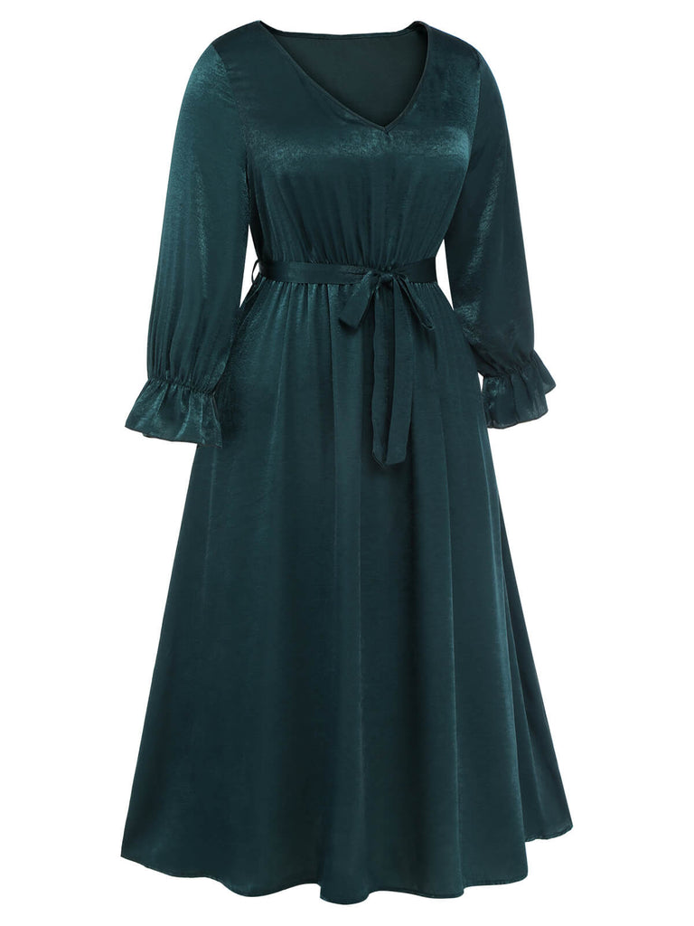 [Übergröße] Grün 1940er V-Ausschnitt Taillenband Kleid