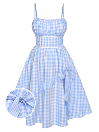 Blau 1950er Spaghettiträger Plaids Schleife Dekor Kleid