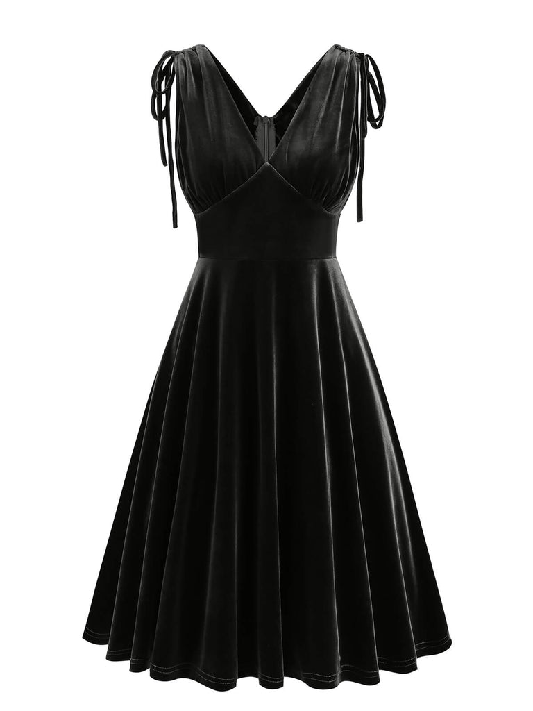 1950er Solide Samt Schnürung V-Ausschnitt Kleid