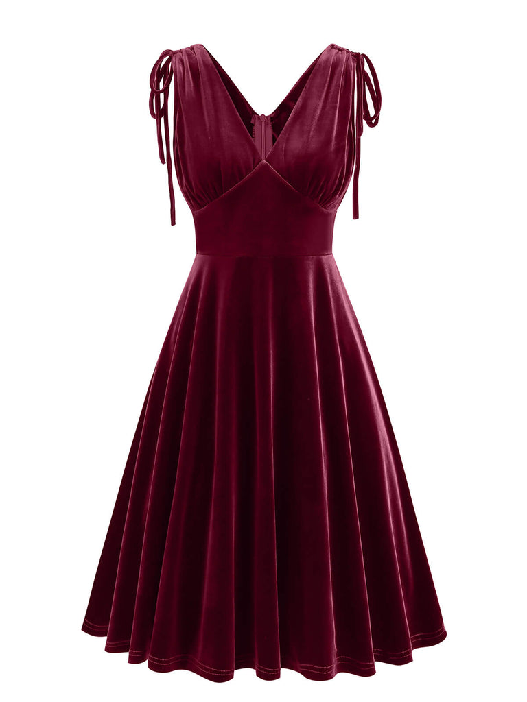 1950er Solide Samt Schnürung V-Ausschnitt Kleid