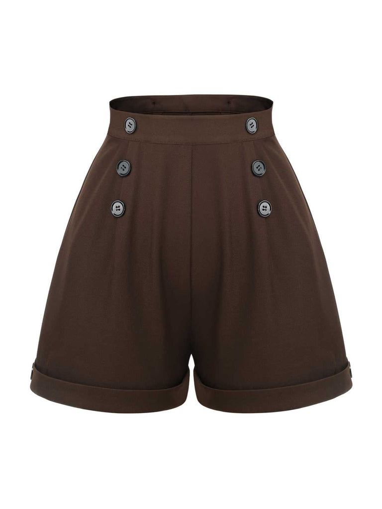 2PCS 1940er Revers Puffärmel Solide Bluse & Knöpfe Overall Shorts