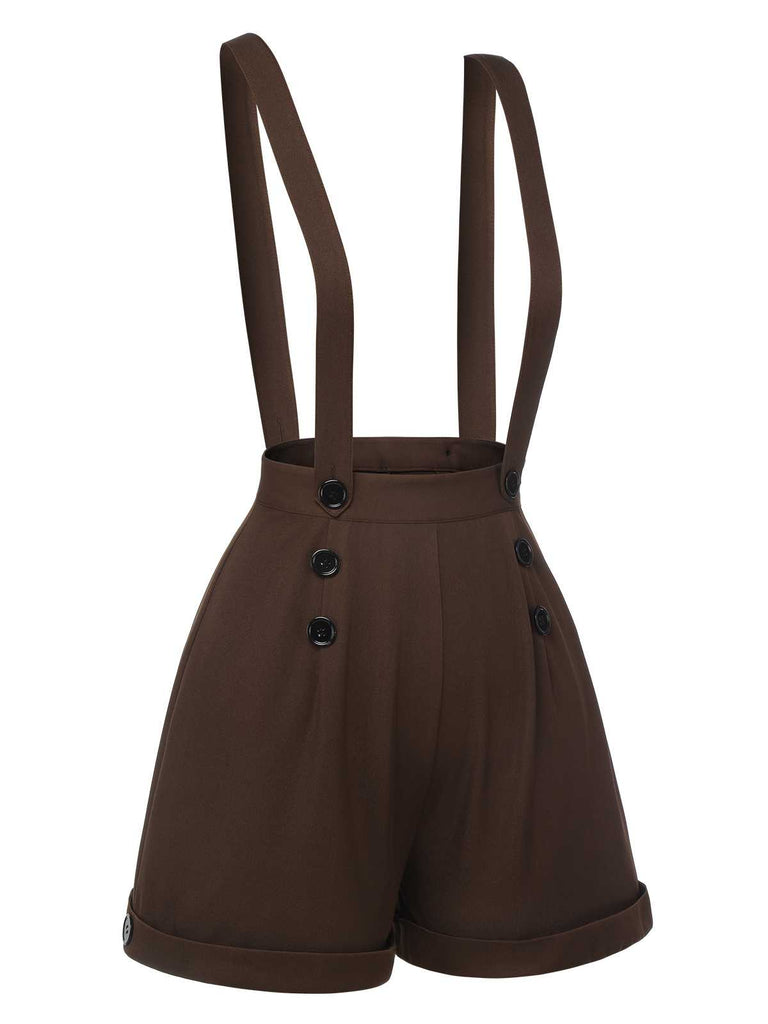 2PCS 1940er Revers Puffärmel Solide Bluse & Knöpfe Overall Shorts