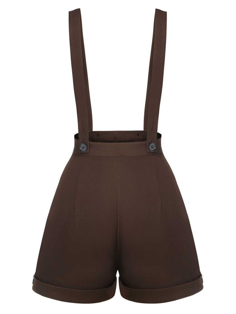 2PCS 1940er Revers Puffärmel Solide Bluse & Knöpfe Overall Shorts