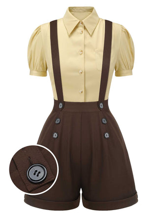 [Vorverkauf] 2PCS 1940er Revers Puffärmel Solide Bluse & Knöpfe Overall Shorts