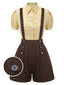 [Vorverkauf] 2PCS 1940er Revers Puffärmel Solide Bluse & Knöpfe Overall Shorts