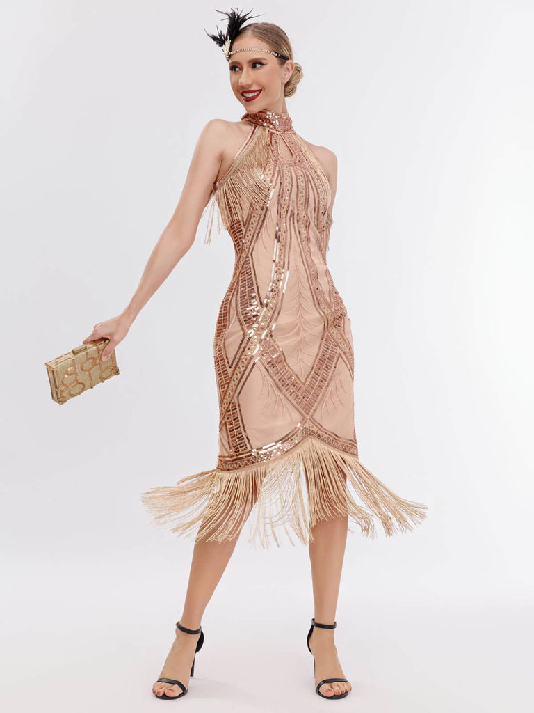 1920er Pailletten Quaste Schlüsselloch Charleston Kleid