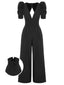 1930er Solides Tiefem V-Ausschnitt Puffärmeln Jumpsuit