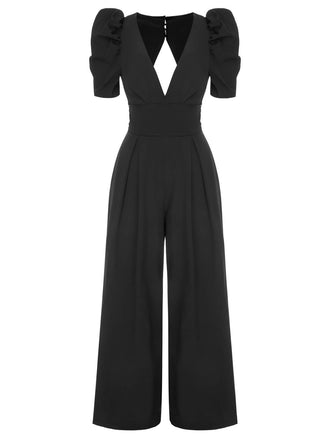 1930er Solides Tiefem V-Ausschnitt Puffärmeln Jumpsuit