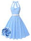 [Vorverkauf] Hellblau 1950er Kariert Halter Swing Kleid
