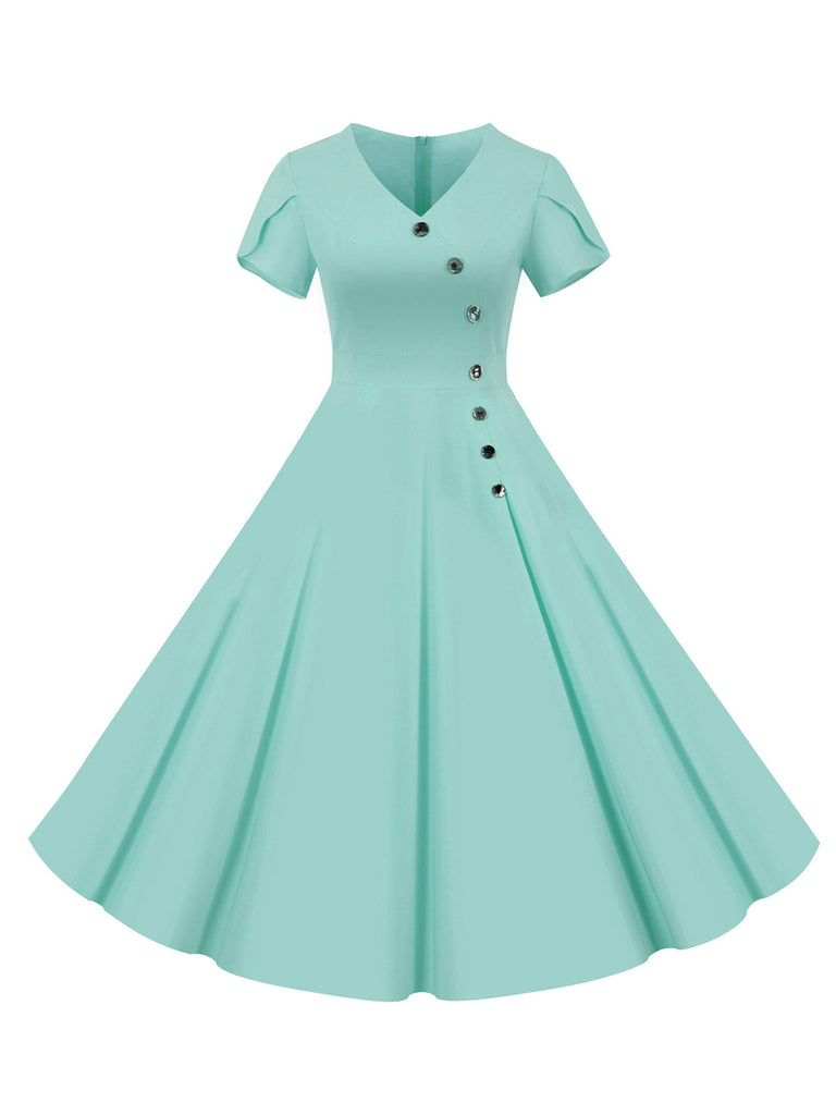 1950er V-Ausschnitt Einreihiges Festes Kleid