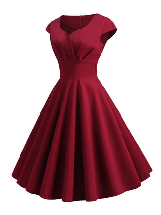 Tiefrot 1950er Solides Herzausschnitt Kurzärmeliges Kleid