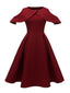 1950er Kalten Schultern Patchwork Solides Kleid