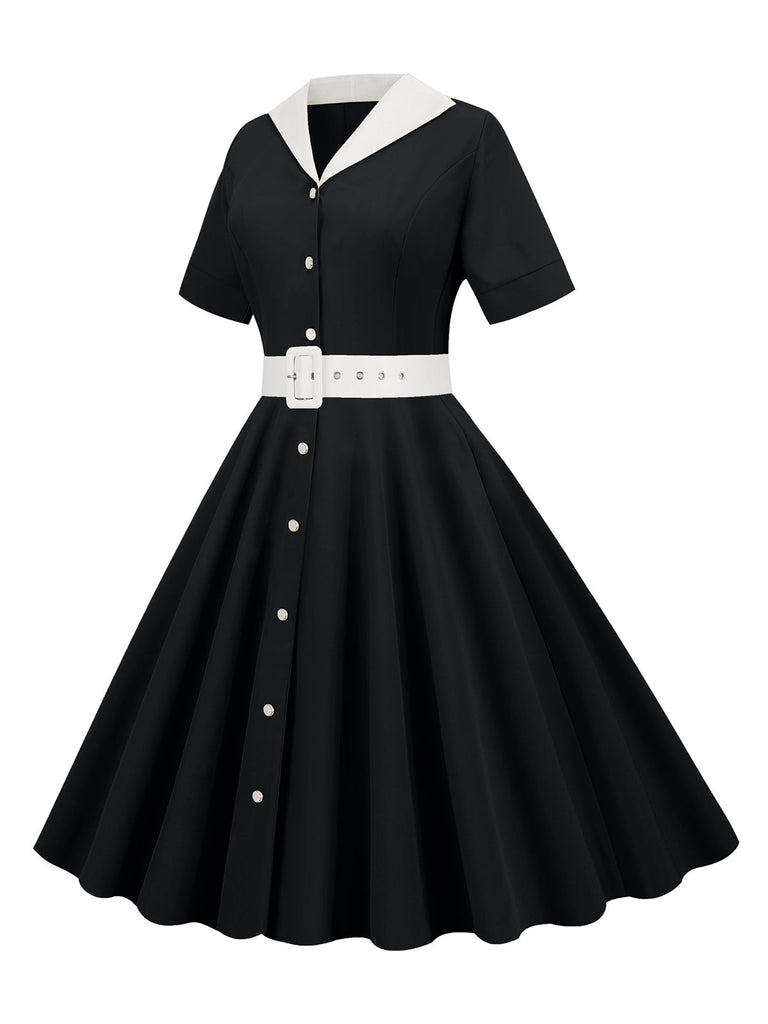 1950er Solide Kontrastierendem Reversgürtel Kleid