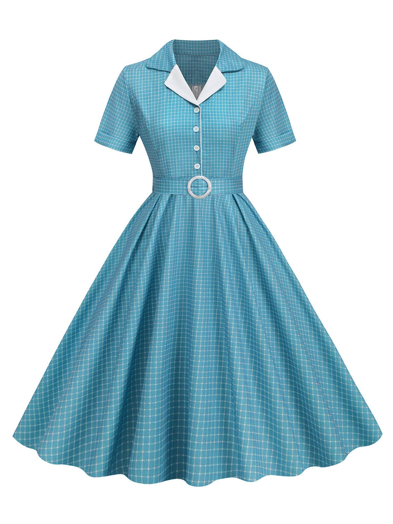 1950er Fensterscheibe Kariertes Revers Swing Kleid