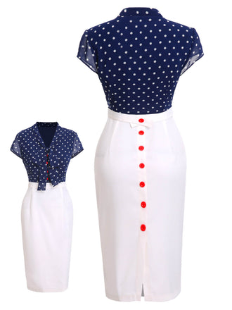 Blau & Weiß 1960er Polka Dot Langen Ärmeln Kleid