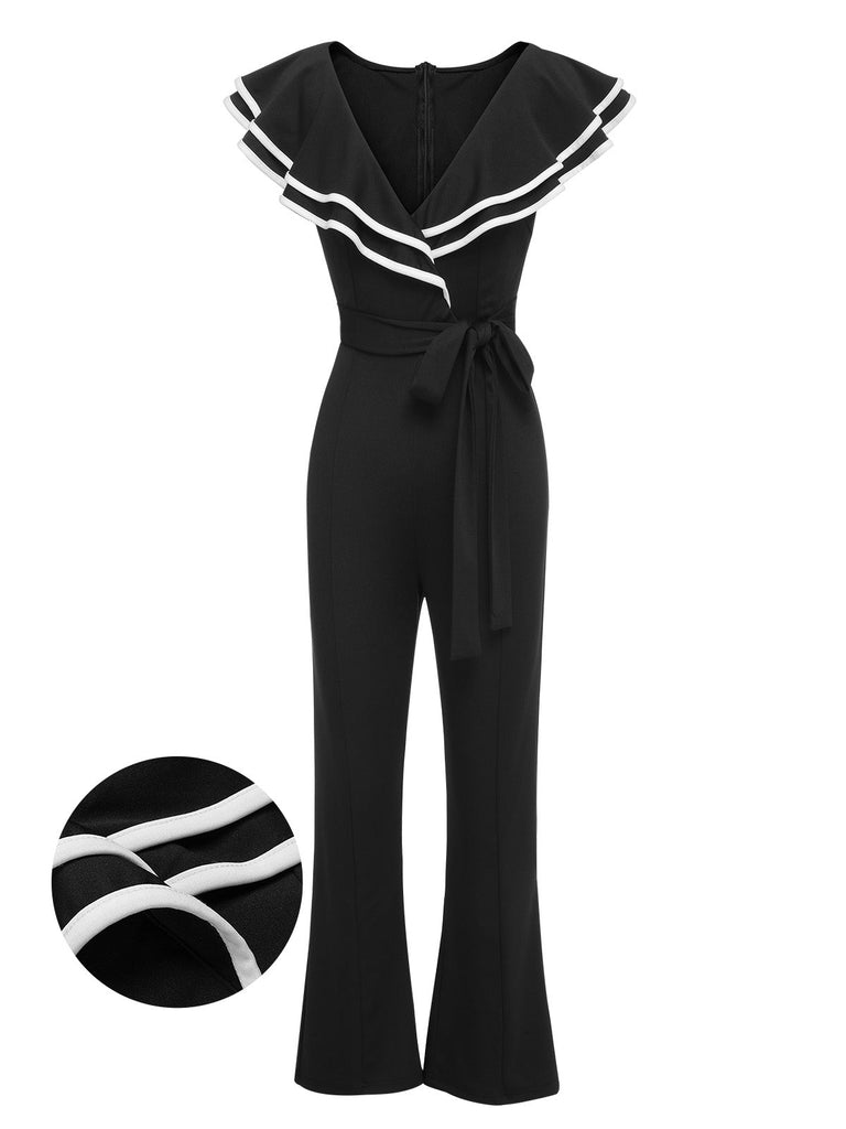 Schwarz 1930er Rüschenrevers Bootcut Jumpsuit