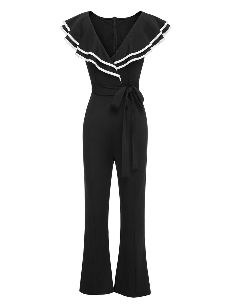 Schwarz 1930er Rüschenrevers Bootcut Jumpsuit