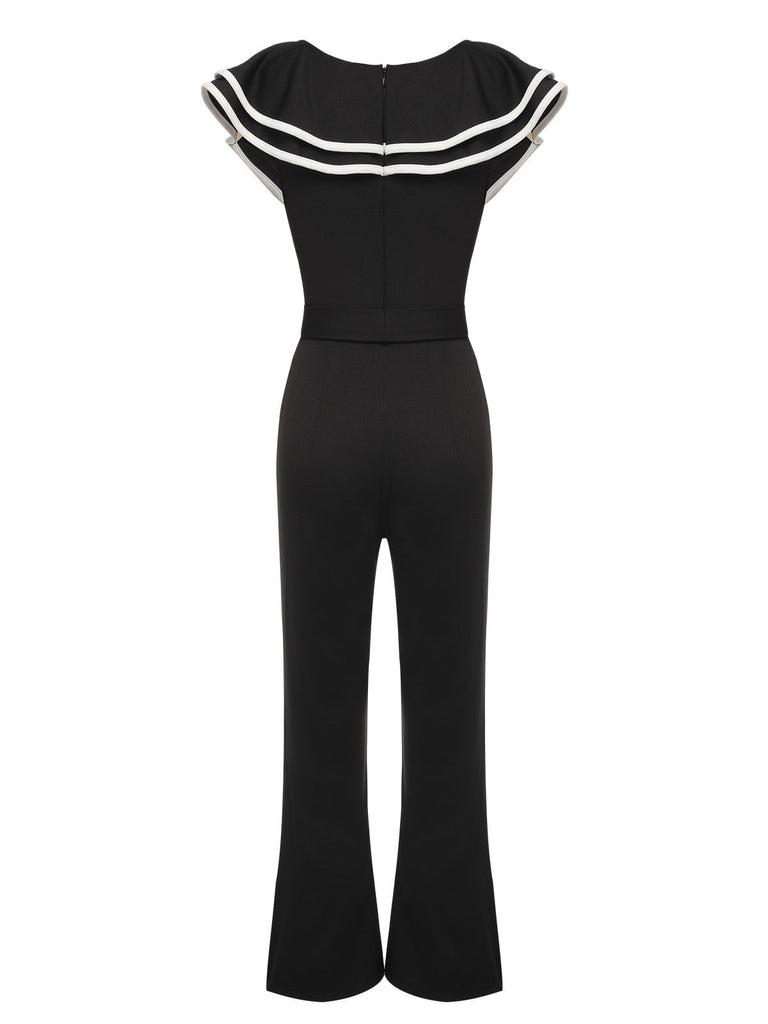 Schwarz 1930er Rüschenrevers Bootcut Jumpsuit