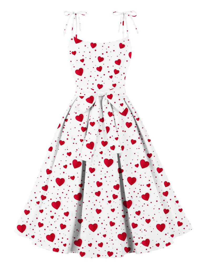 [Übergröße] Weiß 1950er Hearts Dots Schulterriemen Kleid