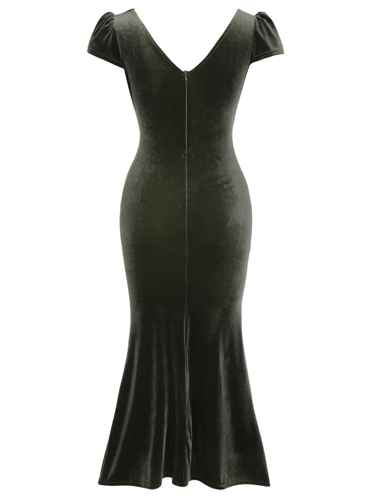Grün Grau 1930er Solide Samt Schlitz Meerjungfrau Kleid