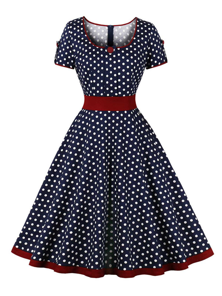 1950er Kontrast Polka Dot Geknöpftes Kleid