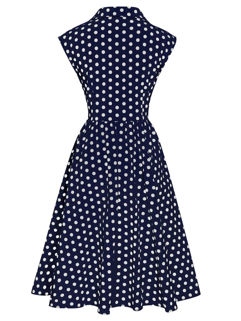 Blau 1950er Revers Polka Dots Ärmelloses Kleid