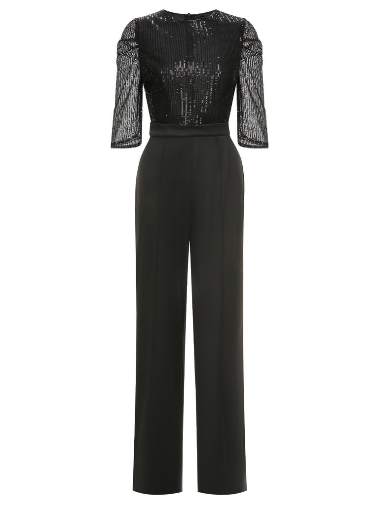 Schwarz 1930er Paillettenbesetzt  Patchwork Solide Jumpsuit