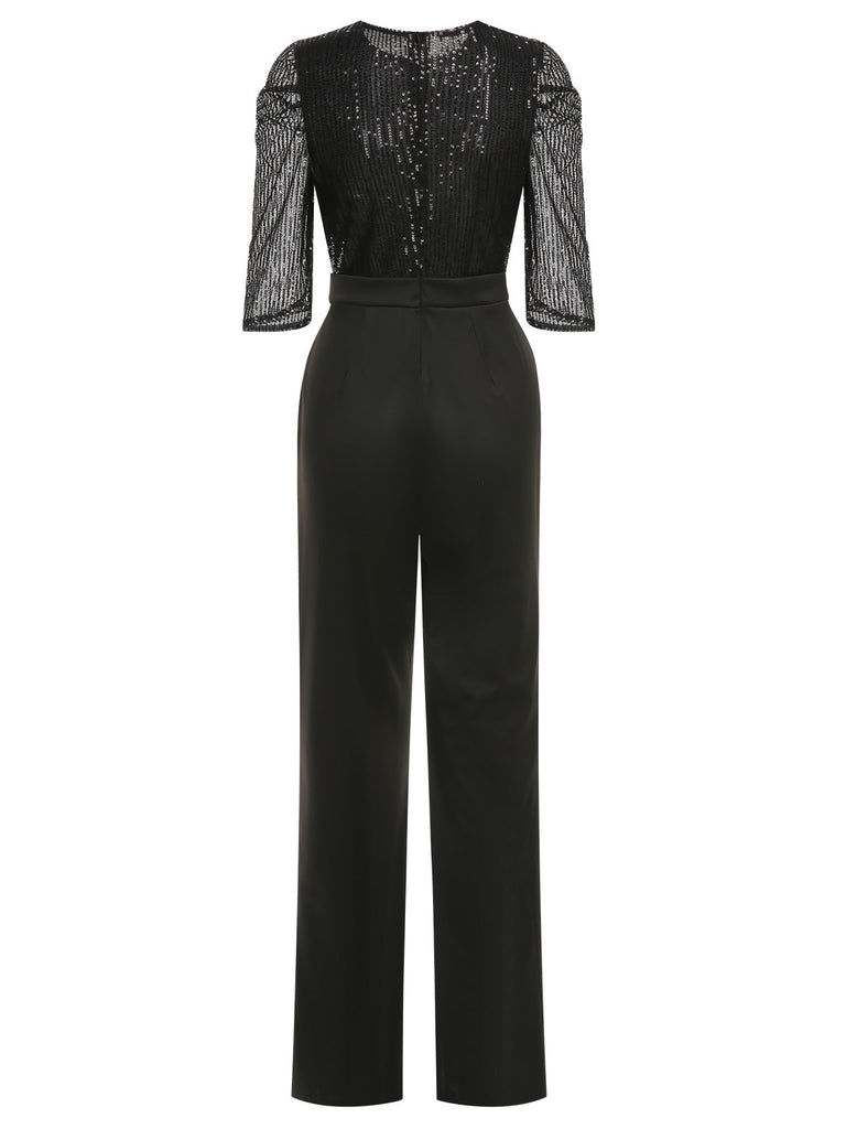 Schwarz 1930er Paillettenbesetzt  Patchwork Solide Jumpsuit