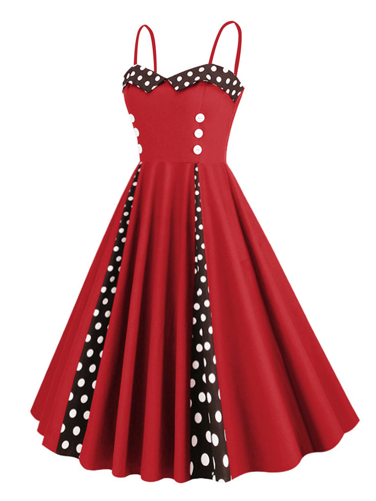 1950er Polka Dot Kontrast Spaghetti Träger Kleid