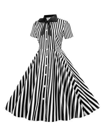 1950er Bogen Kragen Streifen Punkten Swing Kleid