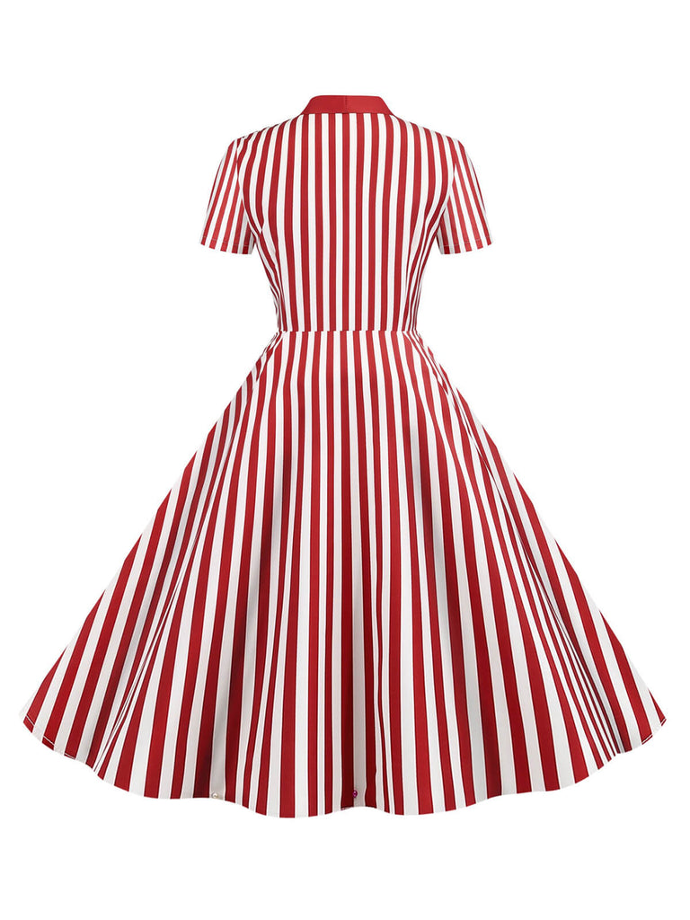 1950er Bogen Kragen Streifen Punkten Swing Kleid