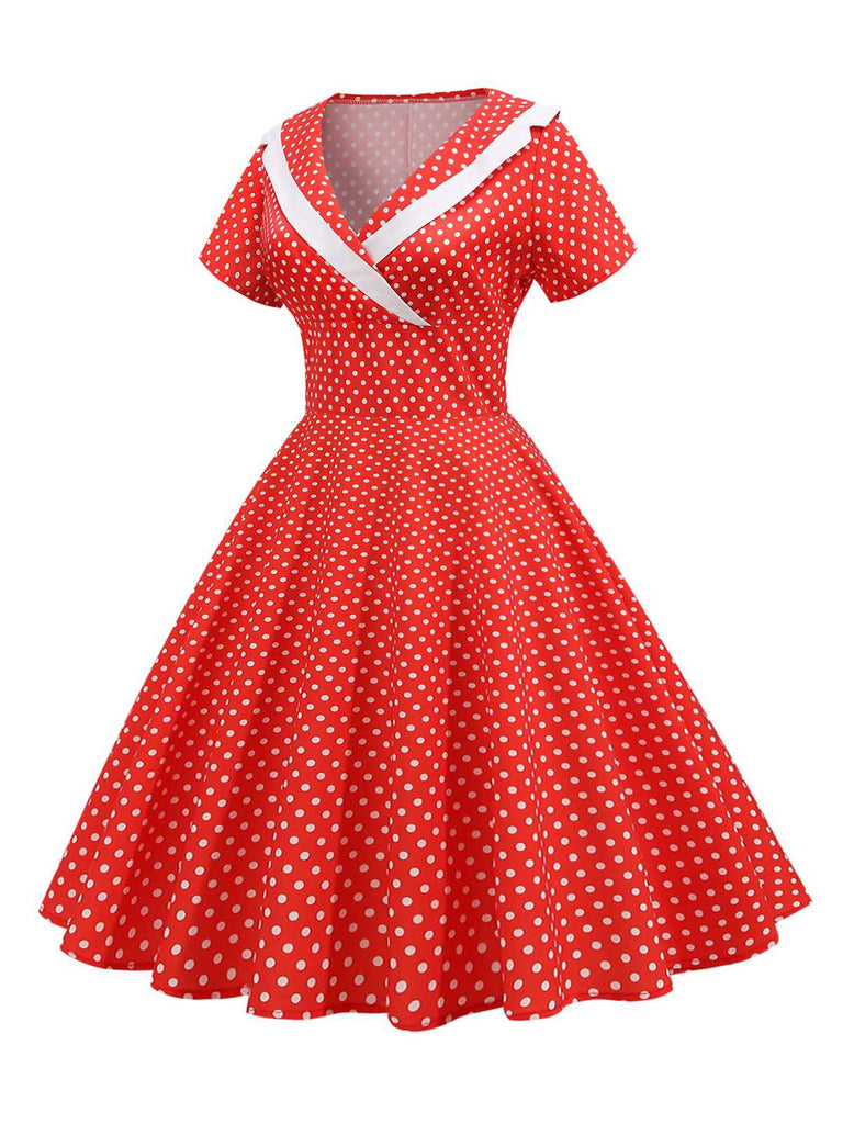 1950er V-Ausschnitt Polka Dots Swing Kleid