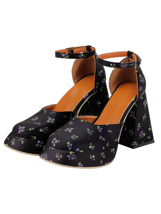 Retro Schwarze Quadratische Spitze Floral High Heels