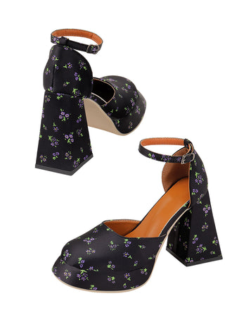 Retro Schwarze Quadratische Spitze Floral High Heels