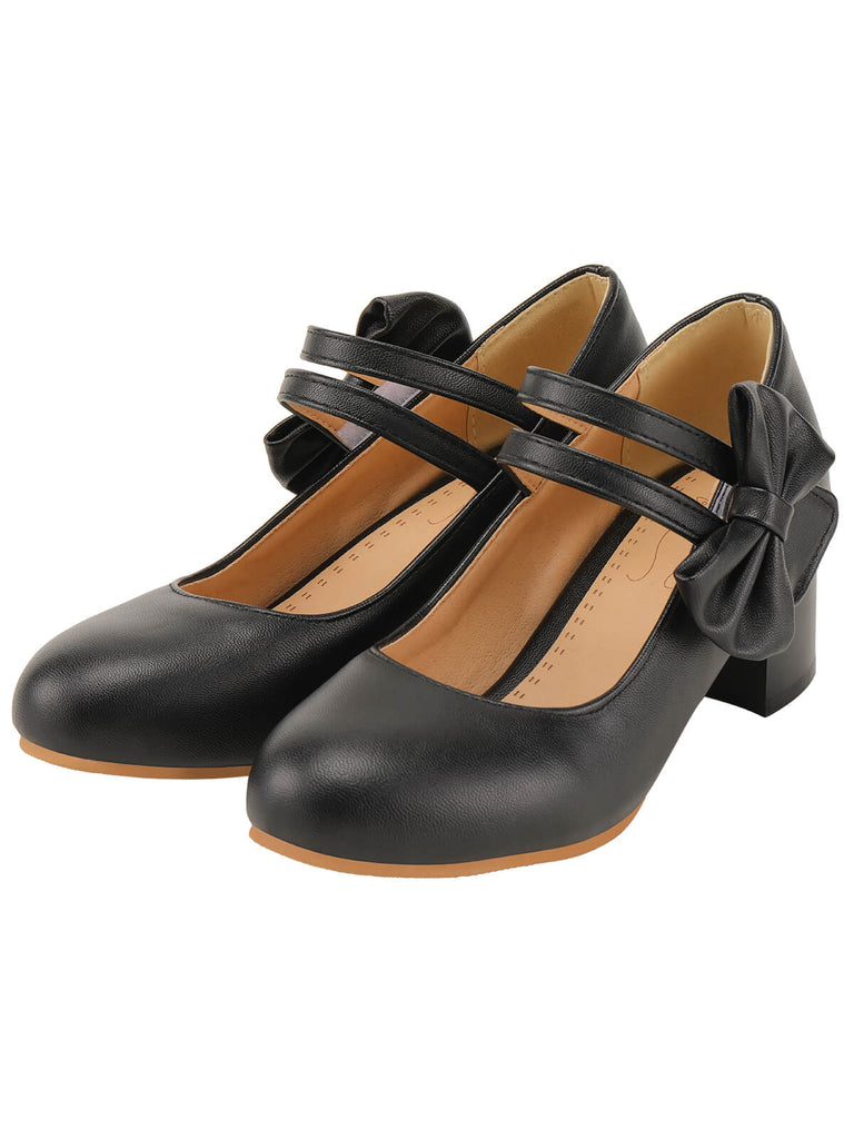 Schwarze Mary Schuhe mit klobigem Absatz und Schleife