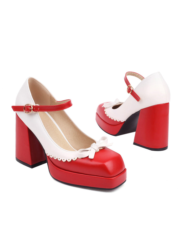 Bowknot Farbe Matching Square Toe High Heel Schuhe