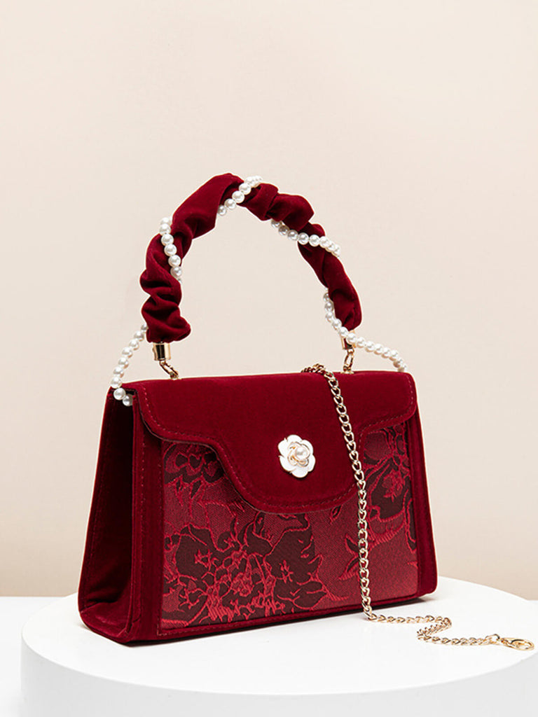 Vintage Rot Samt Perlen Jacquard Quadratische Tasche