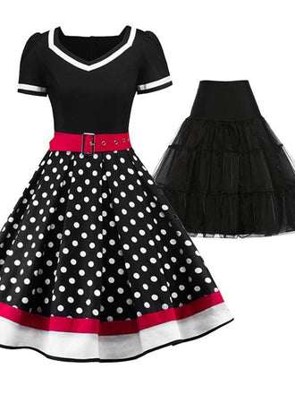2PCS SCHWARZ DOT 1950ER KLEID & SCHWARZ UNTERROCK