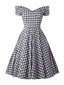 Schwarz 1950er Plaid Schulterfrei V-Ausschnitt Swing Kleid