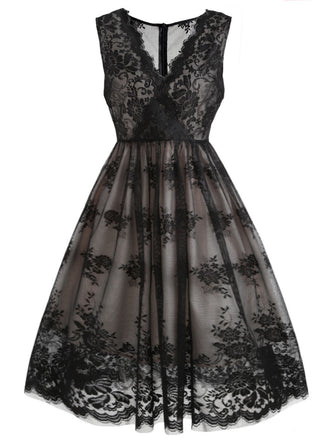 Schwarz 1950er Spitze Blumen Swing Kleid