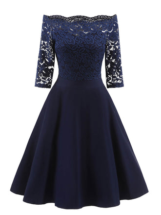 Dunkelblau 1950ER SPITZE SCHULTERFREIES KLEID