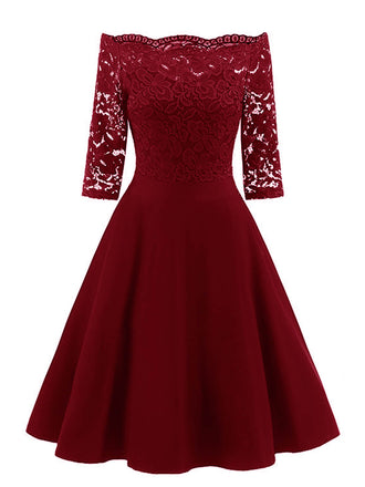 Weinrot 1950ER SPITZE SCHULTERFREIES KLEID