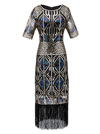 SCHWARZ 1920ER HALBE ÄRMEL PAILLETTEN FRANSEN KLEID