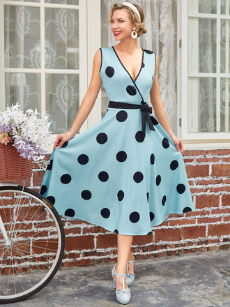 Blau 1950er Bogen Tupfen Swing Kleid