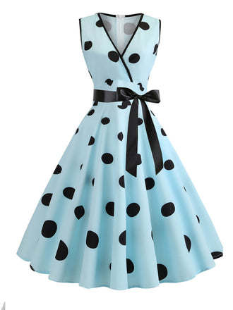Blau 1950er Bogen Tupfen Swing Kleid