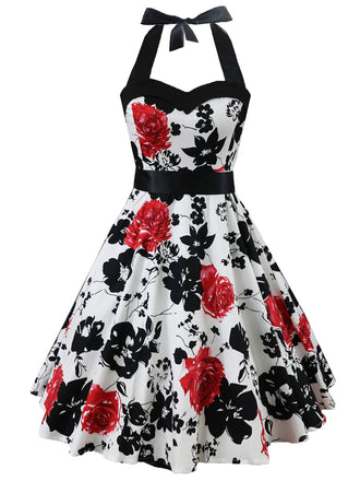 Multicolor 1950er Blumen Rose Halter Bogen Swing Kleid