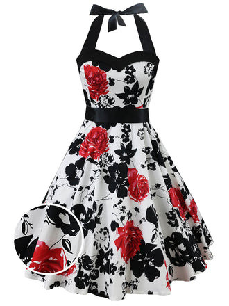 Multicolor 1950er Blumen Rose Halter Bogen Swing Kleid
