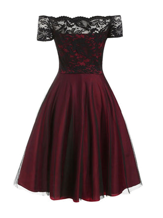 Weinrot 1950ER SCHULTERFREI SPITZE SWING BLUMEN KLEID