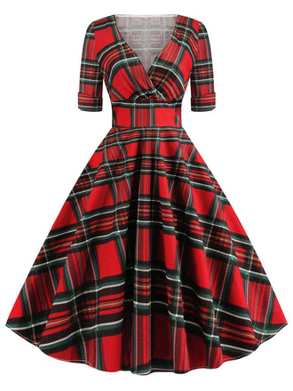 Rot 1950er Plaid Herzförmiger Ausschnitt Falten Swing Kleid