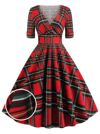 Rot 1950er Plaid Herzförmiger Ausschnitt Falten Swing Kleid